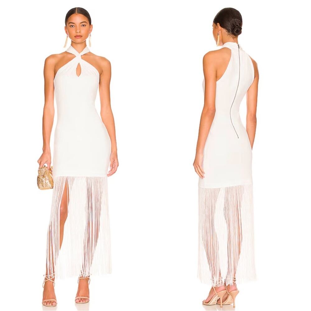 ALICE + OLIVIA Steph Twist Neck Fringe Maxi Dress in Off White Size 6